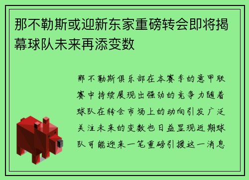 那不勒斯或迎新东家重磅转会即将揭幕球队未来再添变数