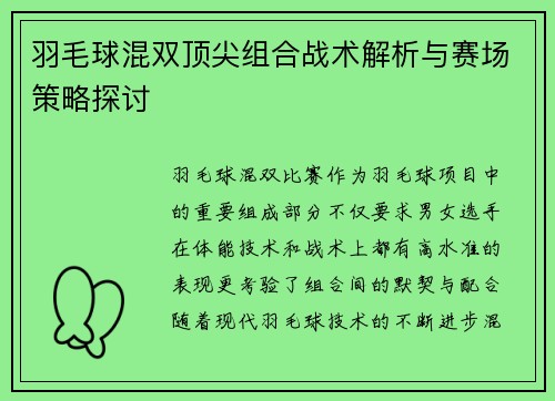 羽毛球混双顶尖组合战术解析与赛场策略探讨
